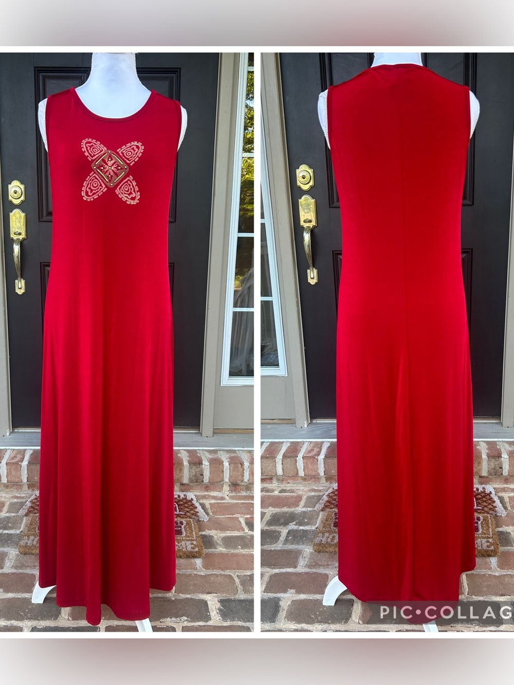 Vintage 90s red sleeveless maxi dress tribal detail gvc boho hippie USA Small